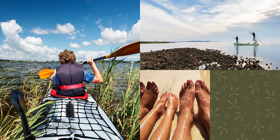 A collage of four different pictures with people in the water.