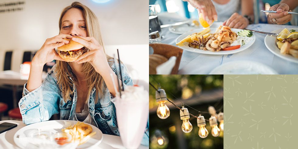 A collage of photos with people eating food.